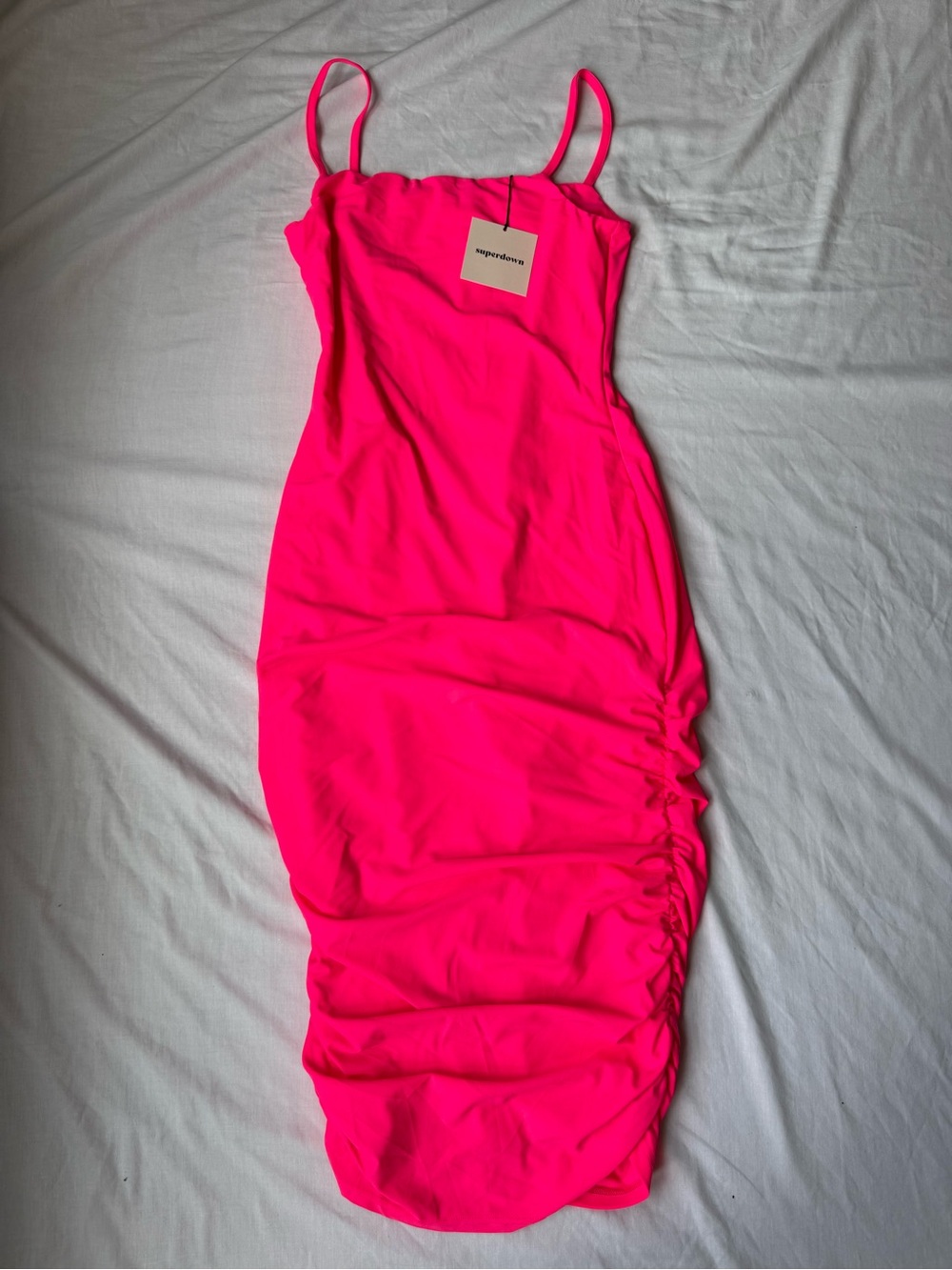 superdown Neon Pink Ruched Midi Bodycon Dress